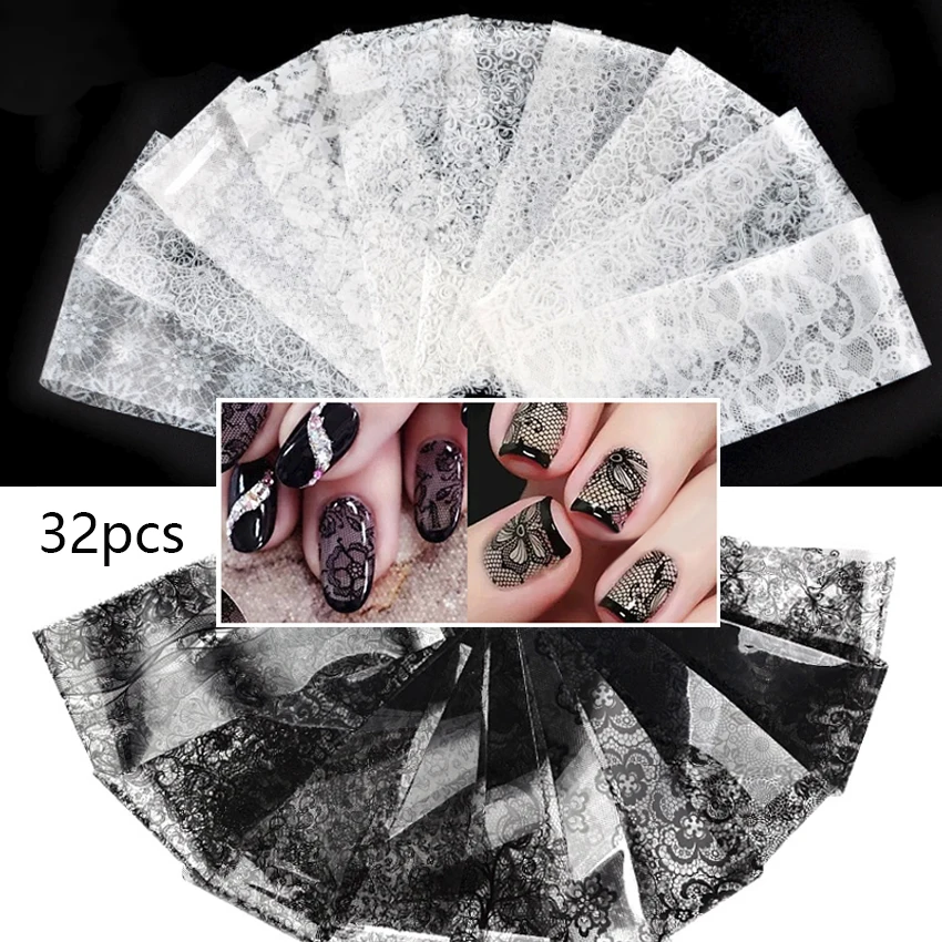

32Pcs White Black Lace Nail Foils Set 4*20cm Flower Star Heart Starry Cut in Pieces Manicure Nail Art Transfer Sticker