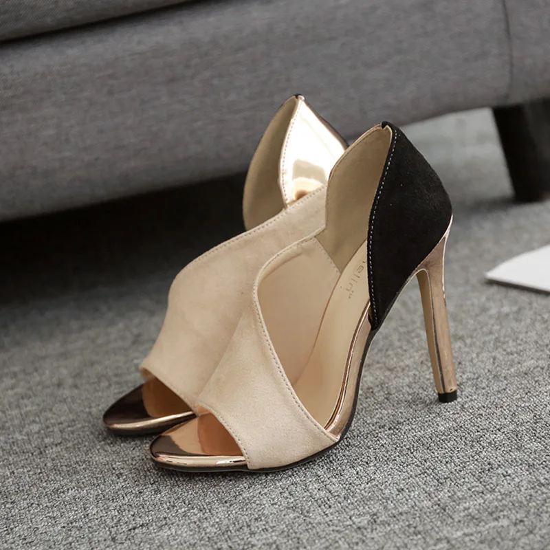 

Fashion Women Ankle Strap Sandals Casual Flock Slip On Thin Heels 11.5CM Open Toed High Heels Women Sandals Discount Pumps