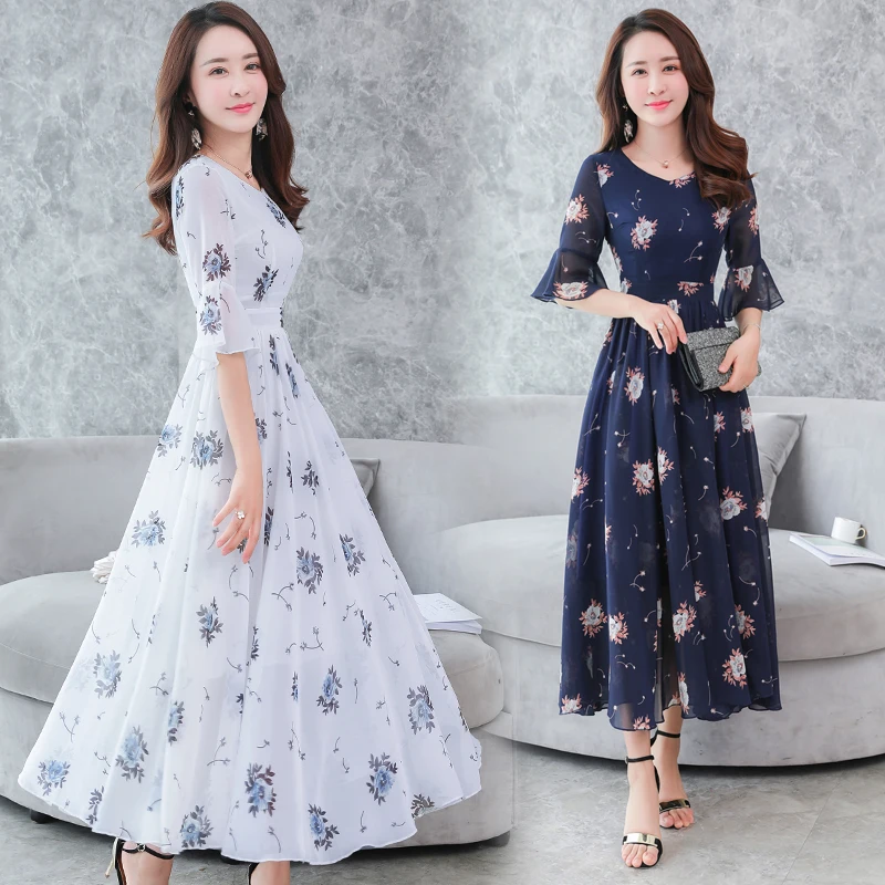 

2018 New Summer Women Long dress Chiffon Floor Posed Dresses White Black Navy 1532