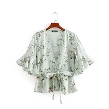 Женская винтажная блузка-кимоно с v-образным вырезом и цветочным принтом, элегантная льняная рубашка с поясом, Повседневная облегающая женская блузка, топы LS2229