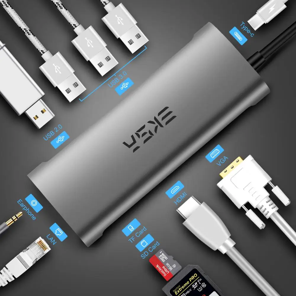 EKSA 11 puertos USB C tipo C HUB para USB3.0 HDMI VGA RJ45 de carga con lector para MacBook Samsung