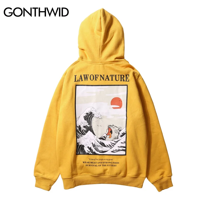 Japanse Borduren Grappige Kat Wave Gedrukt Fleece Hoodies 2018 Winter Hip Hop Casual Sweatshirts Streetwear Zwarte Hoodie Katoen