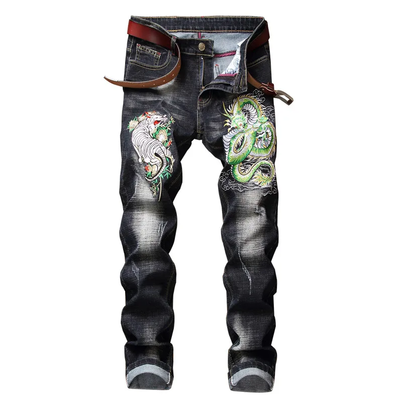 

MORUANCLE Men Hi Street Embroidered Jeans Pants Fashion Streetwear Scratched Denim Trousers With Dragon Embroidery Straight Fit