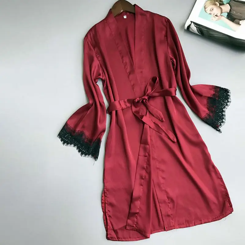 Женские длинный рукав кружевной манжеты кимоно поясом банный халат ночная рубашка из искуственного шелка