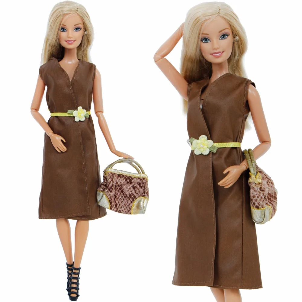 

Fashion Lady Dress Brown Skirt Flower Belt + Mini Handbag + High Heels Shoes Clothes For Barbie Doll Accessories 12'' Kids Gift