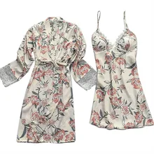 Женская Сексуальная атласная Модная кружевная пижама с принтом, одежда для сна, халат на бретельках, комплект с длинными рукавами, ночная сорочка seksi bayan gecelikler, женская ночная сорочка