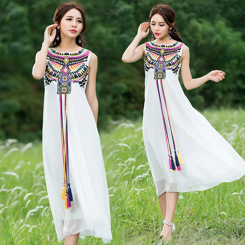 

Women's Vintage Embroidery Tassel boho White Long Dress Sleeveless Casual Dresses Ladies Sundress 2019 Summer Dress vestidos