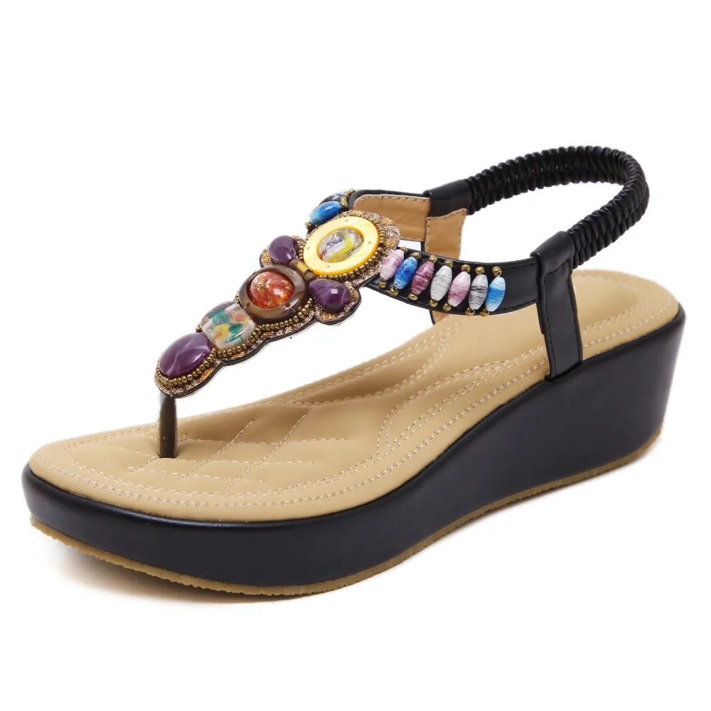 Comfort Plus Size New Arrival Bohemian Women Sandals Summer Fashion Beaded Wedges Beach Sandals 