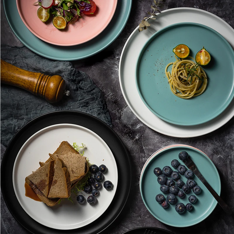1PC Ceramic Dinner Plates Beef Flat Plate Tableware Round Solid Color Dessert Dish Simple and Creative Salad Cutter Dishes