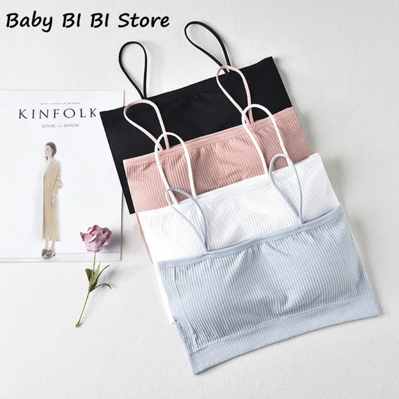 

Women Girls Seamless Bandeau Spaghetti Strap Off Shoulder Solid Color Bralette Wireless Thread Ribbed Underwear Summer Crop Tops