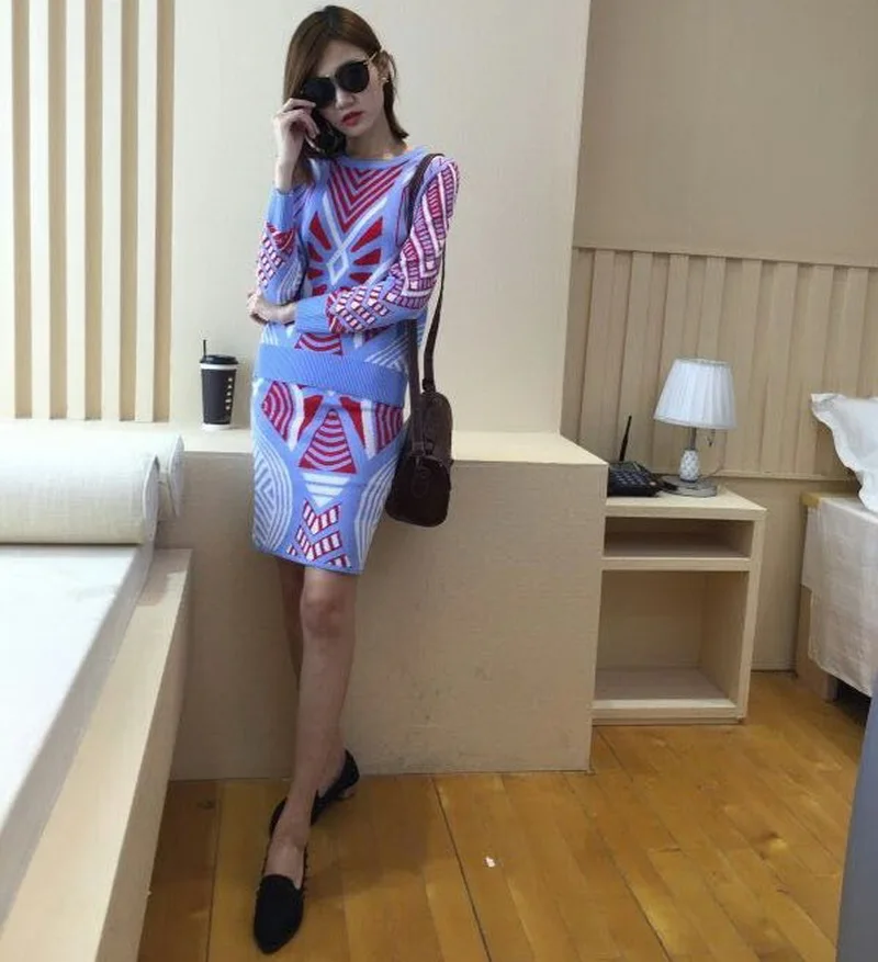 Women Knit Geometric Pattern Sweaters Tops + Skirt 2 Piece Set 2018 New Ladies Autumn Casual Long Sleeve Knitted Suit LY599