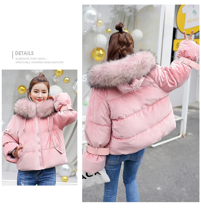 SNOW PINNACLE Autumn Winter short parkas jacket Pink flannel fabric big fur thick warm hooded jacket coat Styled fashion parka