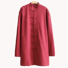 Китайский стиль мужская хлопковая льняная Удлиненная стеганая куртка древний мужской воротник мандарина Кунг фу Тай Чи Униформа Толстая куртка 4XL