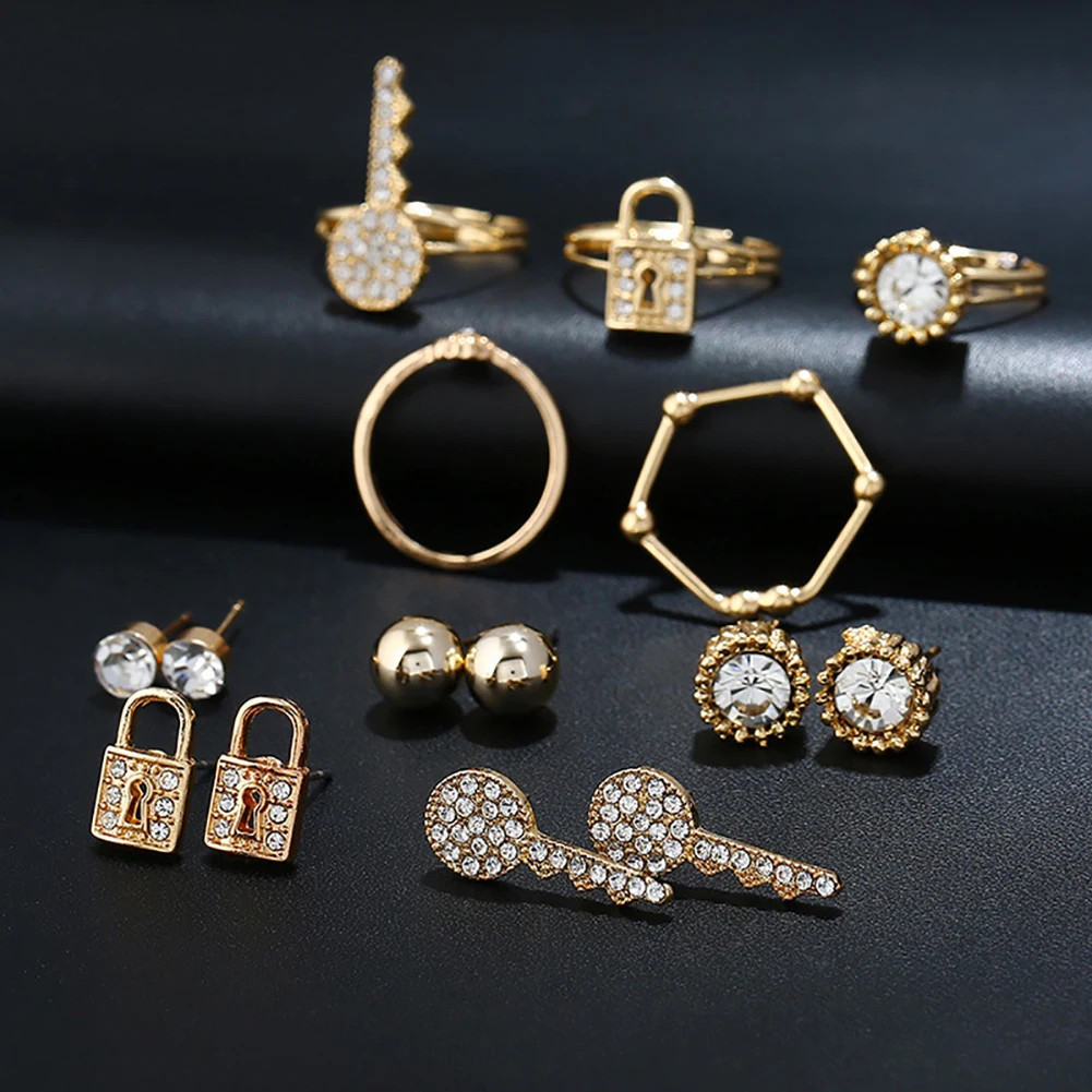 Women Star Moon Key Lock Ear Studs Earrings + Finger Fashion in Stud