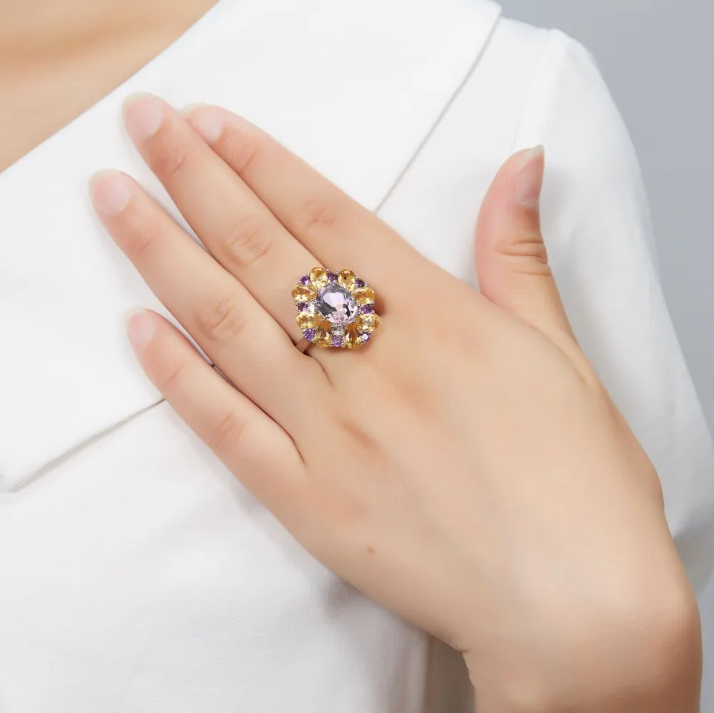 Hutang 925 Серебряное кольцо с камнем, драгоценный камень Аметрин с цитрином, с аметистом Изысканные кольца для женщин, ювелирные изделия для подарка