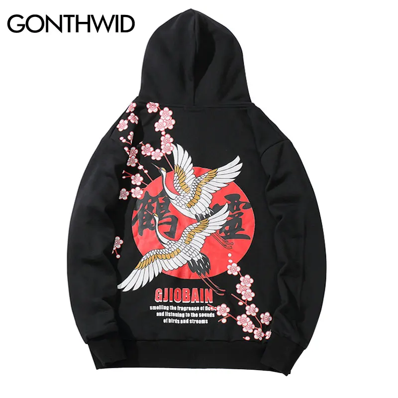 

GONTHWID Chinese Style Cherry Blossoms Crane Print Pullover Hoodies Hip Hop Harajuku Hooded Sweatshirts Casual Streetwear Tops