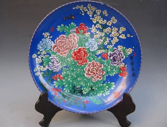 

13.5 INCH Chinese superb WuCai porcelain peony dish plate free shipping