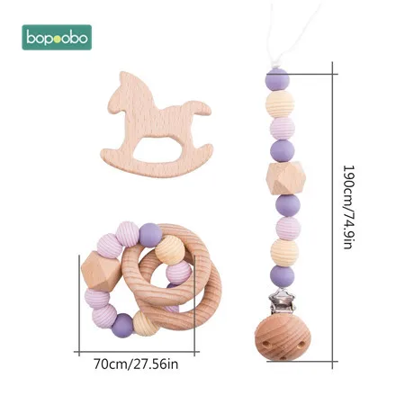 Bopoobo 3Pc/Set Silicone Beads Baby Teether Necklace Round Wooden Beads Pendant For Nursing Pacifier Chain Clips Baby Products - Цвет: Horse set