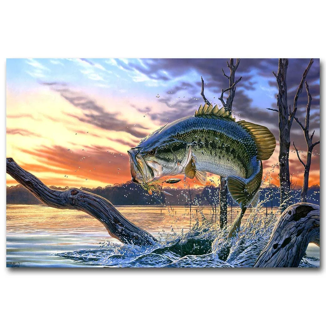 

NICOLESHENTING Bass Fishing Art Silk Poster Canvas Print 13x20 24x36 inches Sunset Lake Wall Pictures Home Room Decoration 002