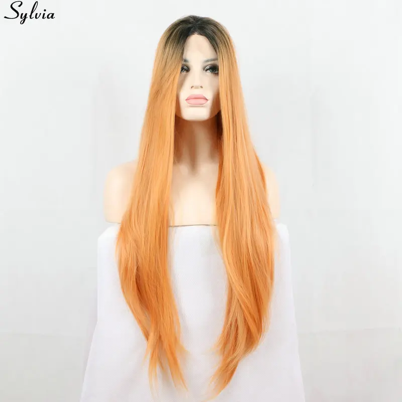 Sylvia Natural Long Silky Straight Ombre Orange Peach Black Roots Synthetic Lace Front Wig Glueless Heat Resistant Hair Wigs (1)