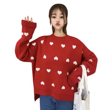 

Autumn new women's loose long-sleeved love heart knitted round neck sweater