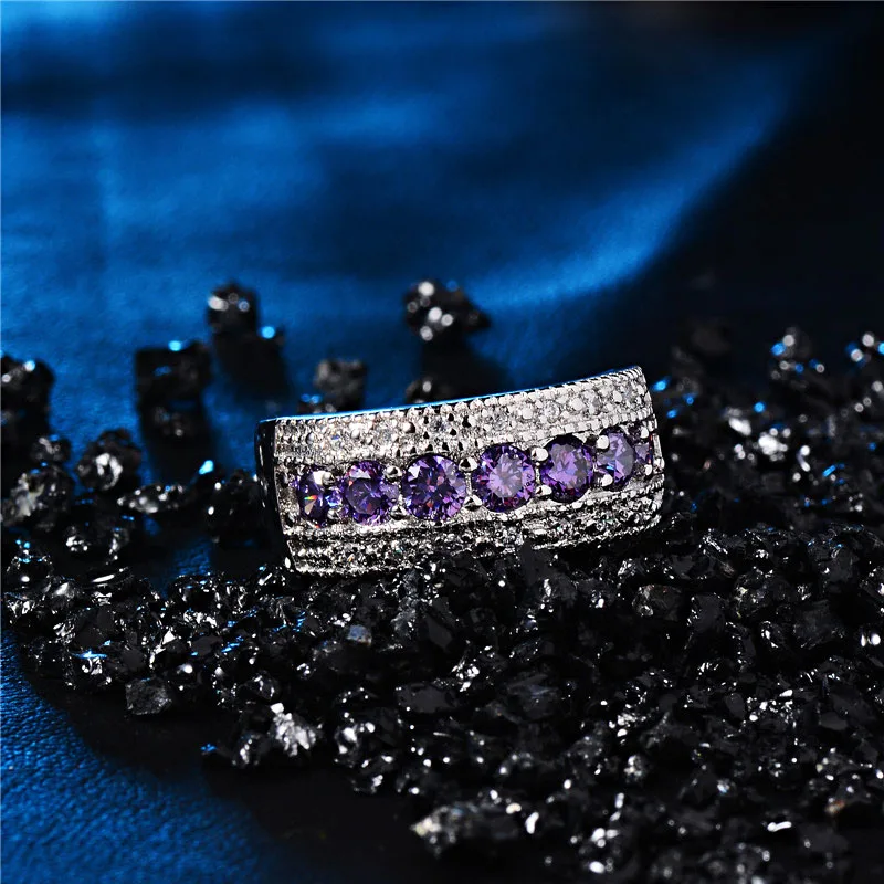 H:HYDE Silver Color Purple Crystal CZ Zircon Classic Simple Design Fashion Women Wedding Engagement Romantic Ring bijoux