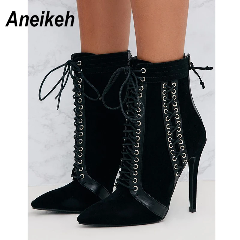 

Aneikeh New 2018 Autumn Winter Women Boots Cross Strap Pointed Toe High Heel Lace Up Ankle Boots Bota Feminina Black red
