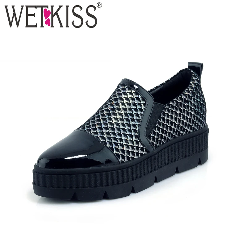 

WETKISS Cow Leather Women Flats Pointed Toe Stitching Med Heels Print Footwear Spring Fashion Ladies Casual Flat Platform Shoes