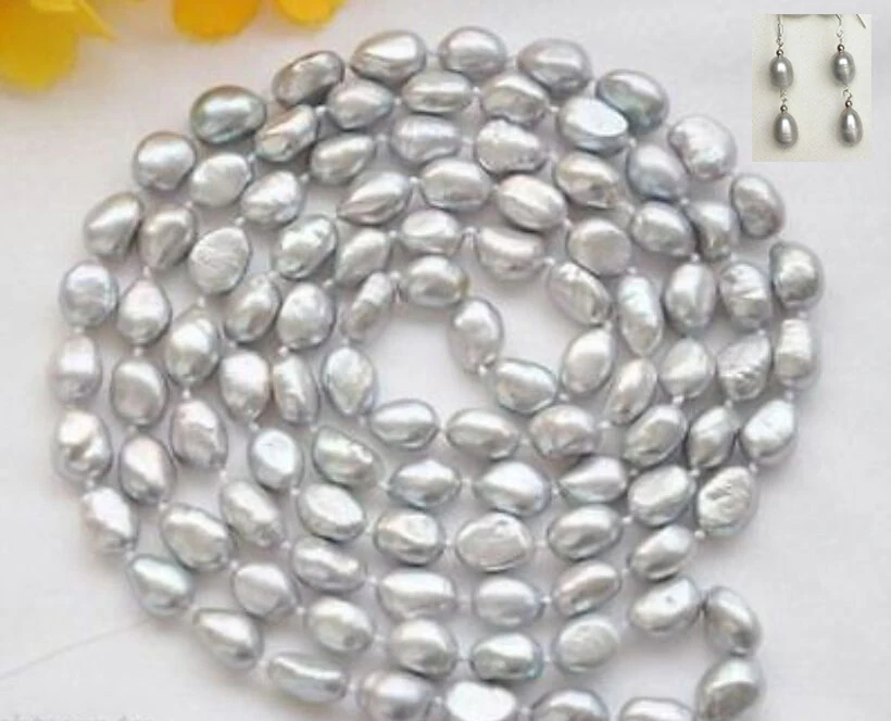 

New 34inch 7-8MM SILVER GRAY Freshwater Baroque PEARL NECKLACE earring shipping free