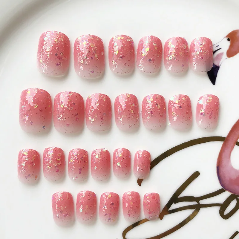 Свадебный сладкий красота поддельные ногти полное покрытие декорация для ногтей градиент Типсы с клеем Девушки Лето Сияющий розовый цвет накладные ногти