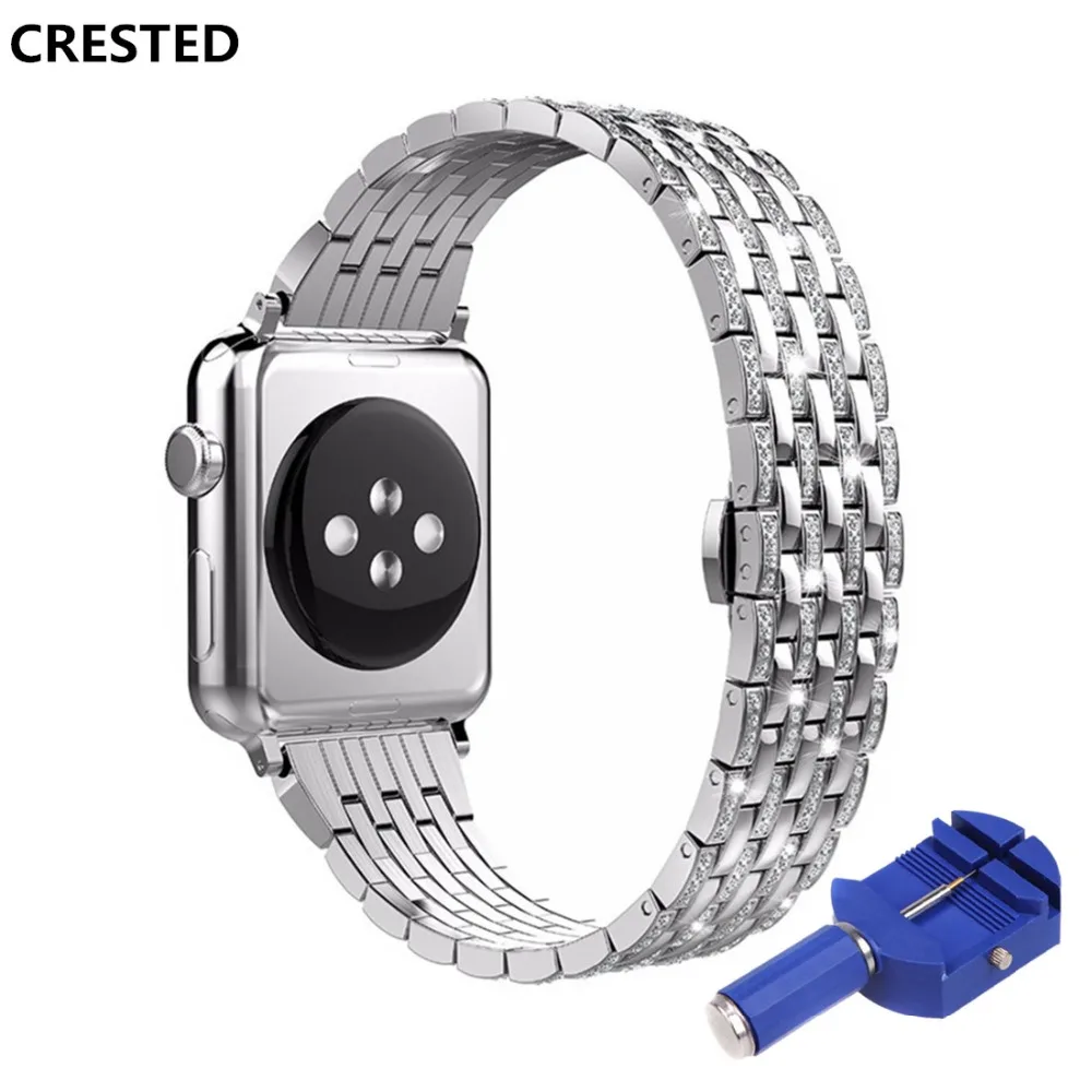 

CRESTED Diamond stainless steel strap For Apple watch 4 band 44mm/40mm iwatch 3 2 1 42mm/38mm wrist bracelet butrery Loop correa