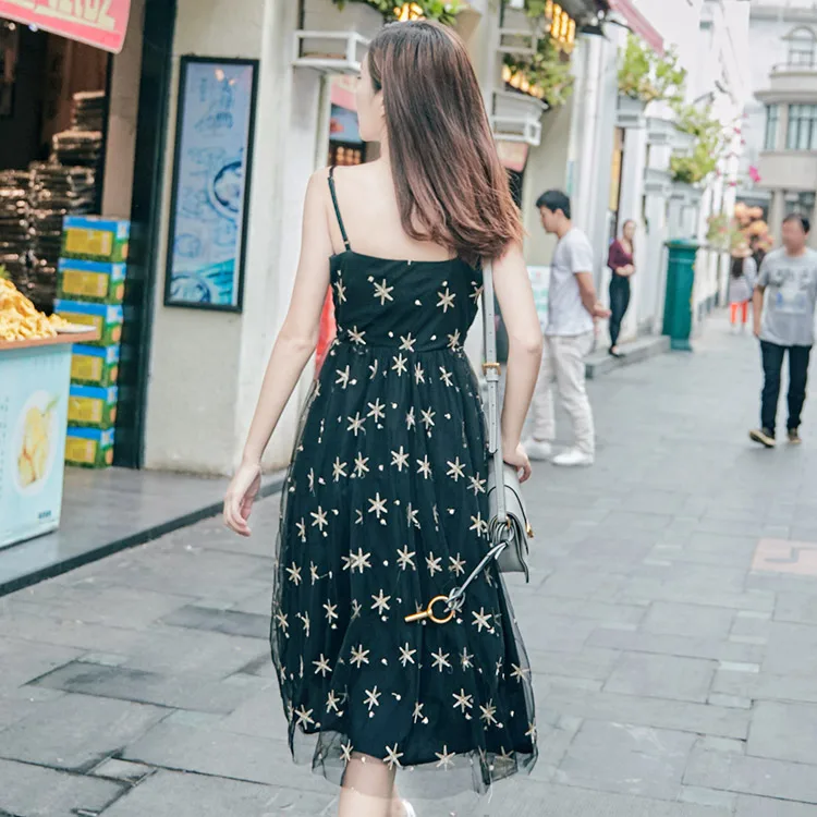 Tingfly вышивка звезды v-образным вырезом Черное винтажное платье-миди женские элегантные вечерние платья летние сетчатые длинные женские платья