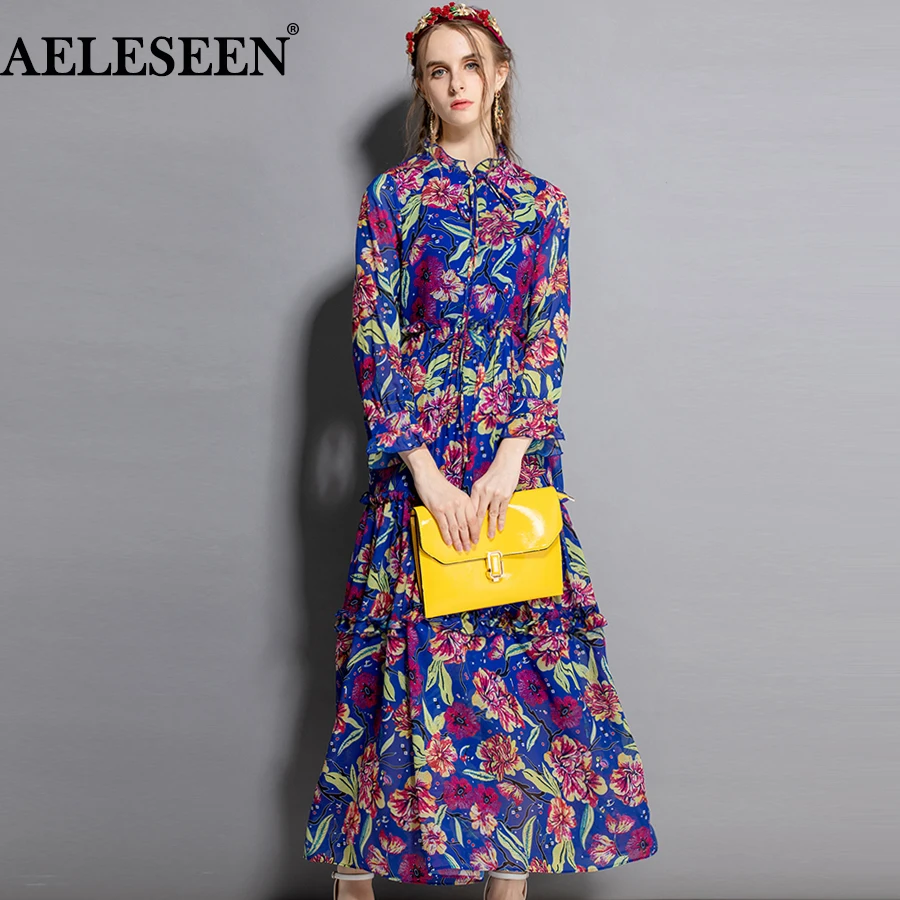 

AELESEEN Vintage Women Printrd Dress Elegant 2018 Autumn Fashion Flower Print Ruffles Purple Flare Full Sleeve Maxi Long Dress