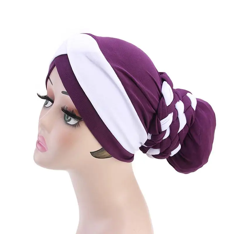 Женская мусульманская шапка s платок тюрбан Ближний Восток хиджаб банданы Богемия коса шапка Индия шапка после химиотерапии выпадение волос Полное покрытие шапка мода - Цвет: purple white