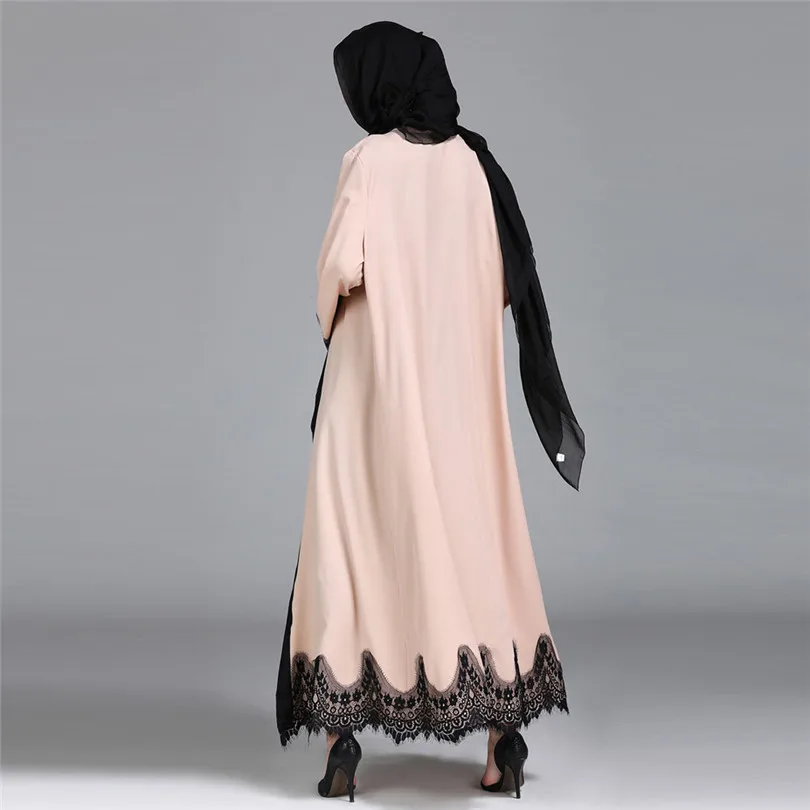 New Muslim Women Islamic Clothing Lace Splicing Long Coat Middle East Long open Abaya Robe Kaftan Dubai #4F08 (4)