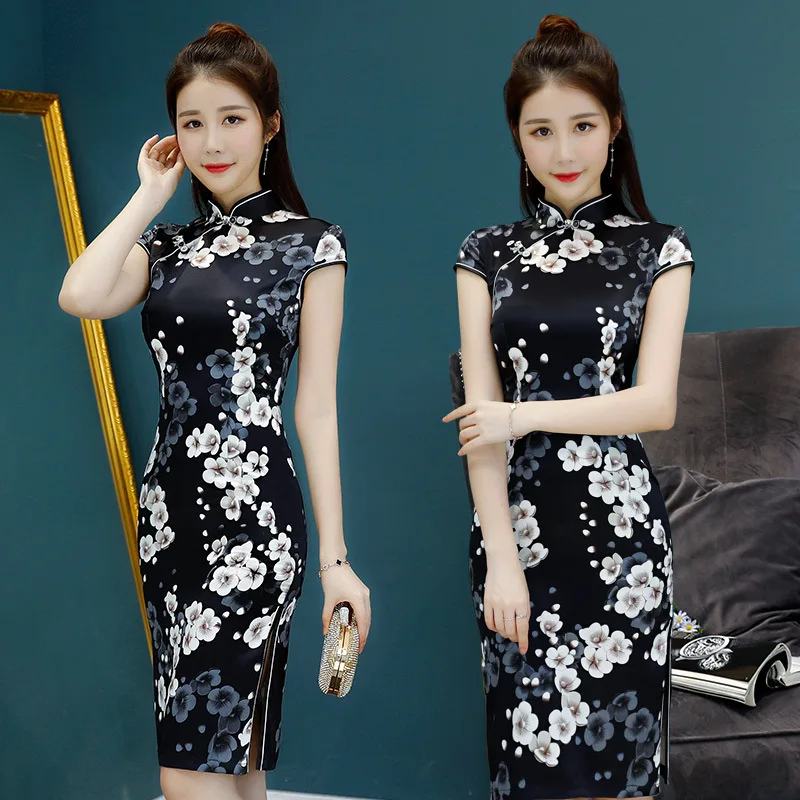 Классическое китайское женское атласное платье Ципао Cheongsam, летнее женское новое платье с цветочным рисунком, Сексуальное мини платье, Размеры s m l xl XXL 3XL