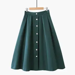 Высокая талия юбка-трапеция Для женщин Винтаж одноцветное Высокая Талия Однобортный Повседневное юбки весна женские офисные длинная юбка