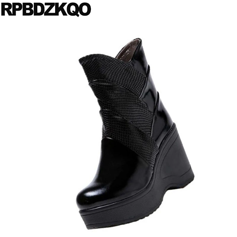 Plateforme Luxe À 2018 Compensées Véritable Talons En Chaussures Serpent Noir Bout De Brevet Bottines Taille Rond Hauts 34 Femmes Cuir CxoWQrBed