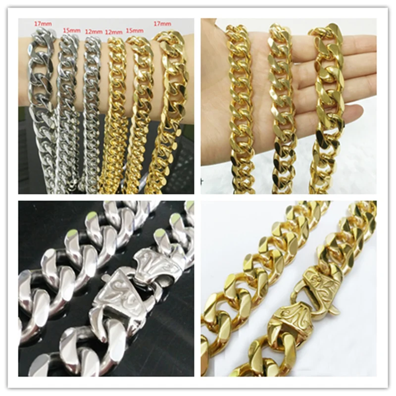 

Wholesale/Retail! Heavy 7-40" Men Boys Chain 12/15/17mm Silver Gold Curb Cuban Link 316L Stainless Steel Necklace & Bracelet