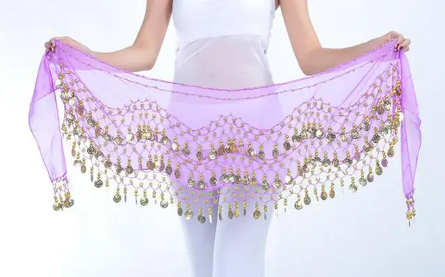 1 piece 3 Rows 128 Gold Coins Belly Dance Costume Hip Scarf Skirt Belt Wrap Waist New Brand light purple