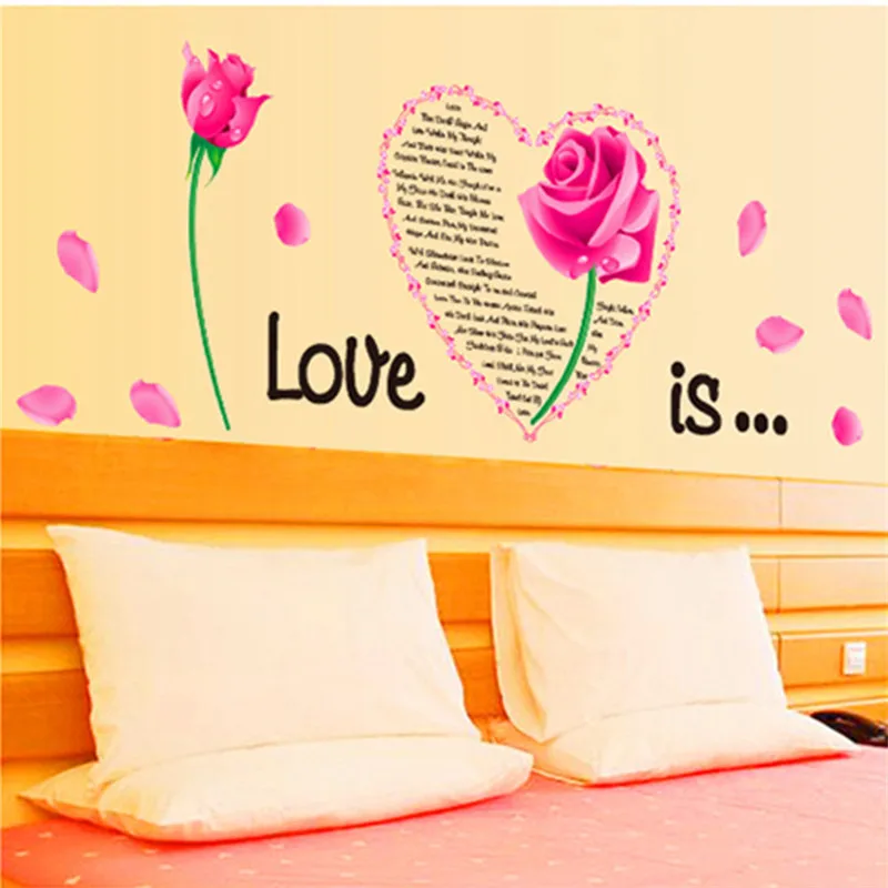 1Pcs 50*70cm Pink Rose Love Heart Wall Sticker Decoration for Home Room Decor diy Wall Decals