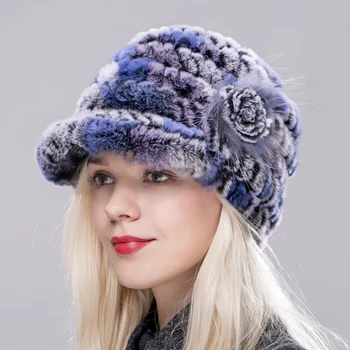 

FXFURS Real Fur Cap Knitted Natural rabbit Fur Cap For Women Winter Good Quality Female rex rabbit Peaked fur hats Ear Warm