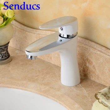 

Free shipping white paint basin sink faucet with single handle black bathroom mixer tap of hot cold bathroom basin water faucet