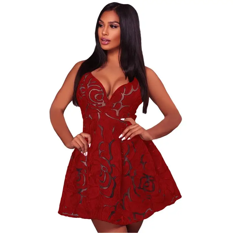 ADEWEL Sexy Deep V Neck Spaghetti Strap Women Lace Dress Elegant Crochet Mini Short Party Dresses  (2)