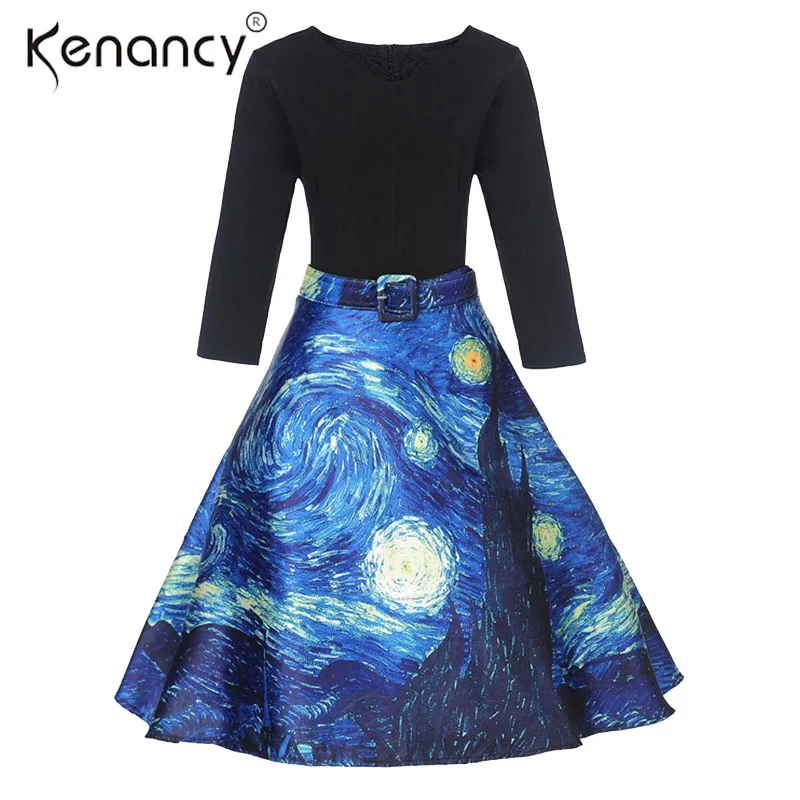

Kenancy Round Neck 3/4 Sleeves High Waist Women Retro Dress 50s 60s Print Vintage Dress Party Vestidos Belts Robe Tunic