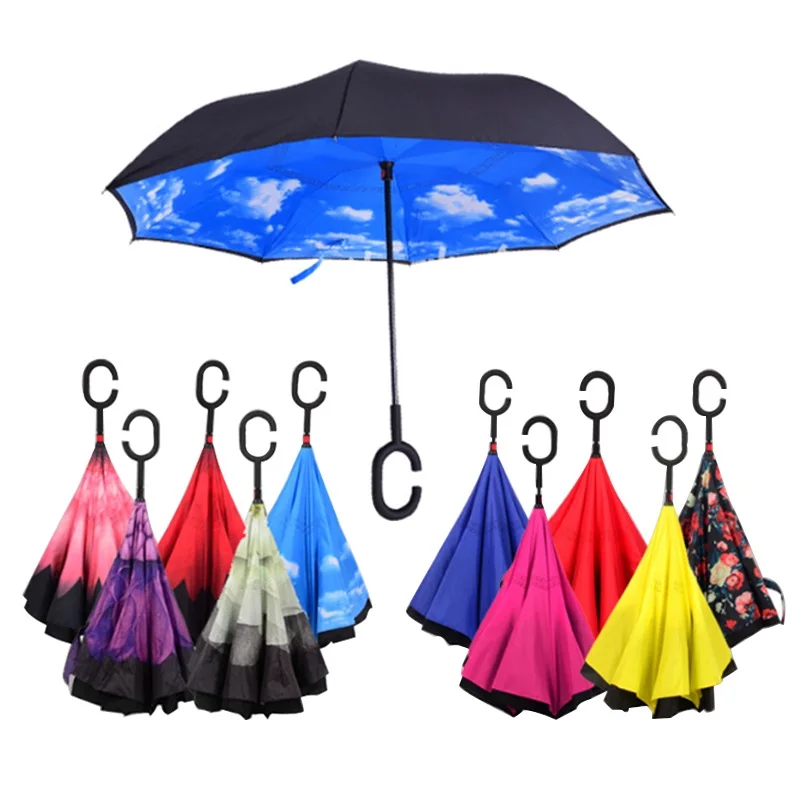 

NEW Style Windproof Reverse Folding Double Layer Inverted Chuva Umbrella Self Stand Rain Protection C-Hook Hands For Car