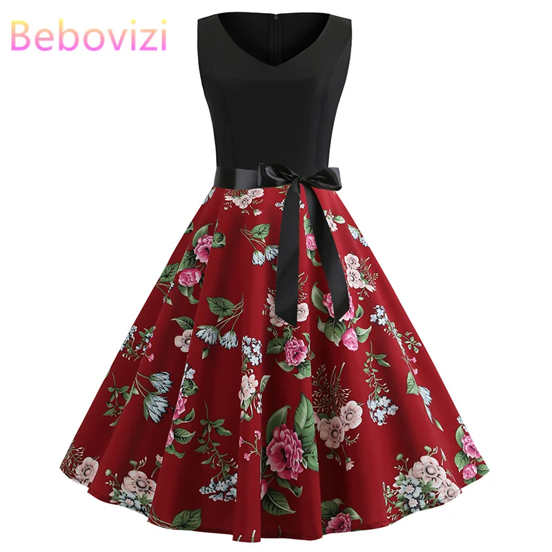 

Bebovizi 2019 Summer Fashion Women Black Patchwork Flower Print Vintage Bandage Dress Plus Size Casual Office Elegant Dresses
