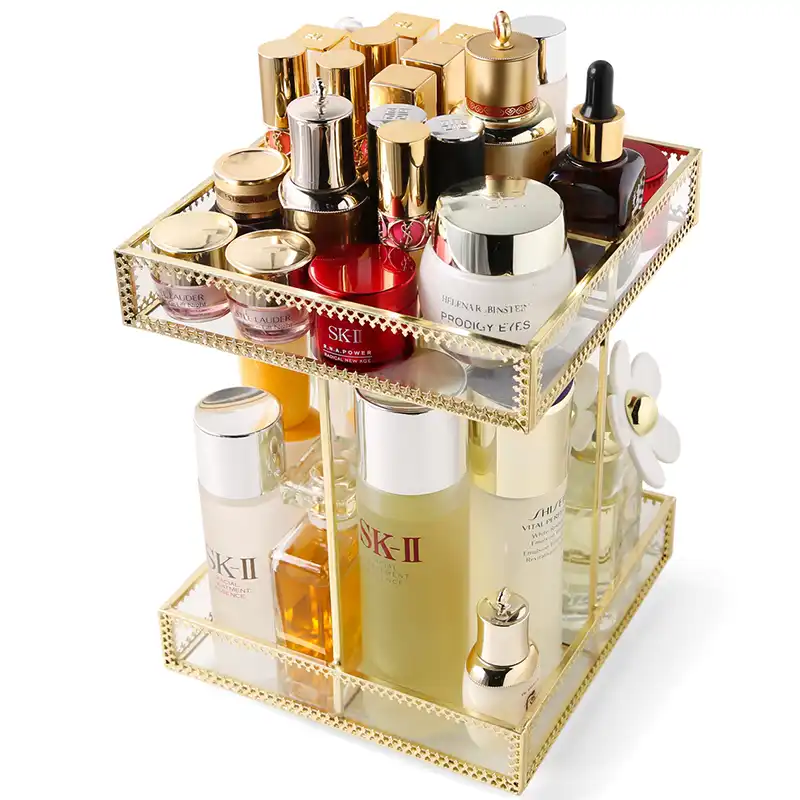 New Arrivals Square Gold Glass 360,degree Rotating Makeup Organizer Holder Box Cube Glod Glass Makeup Cosmetic Storage Box B2265
