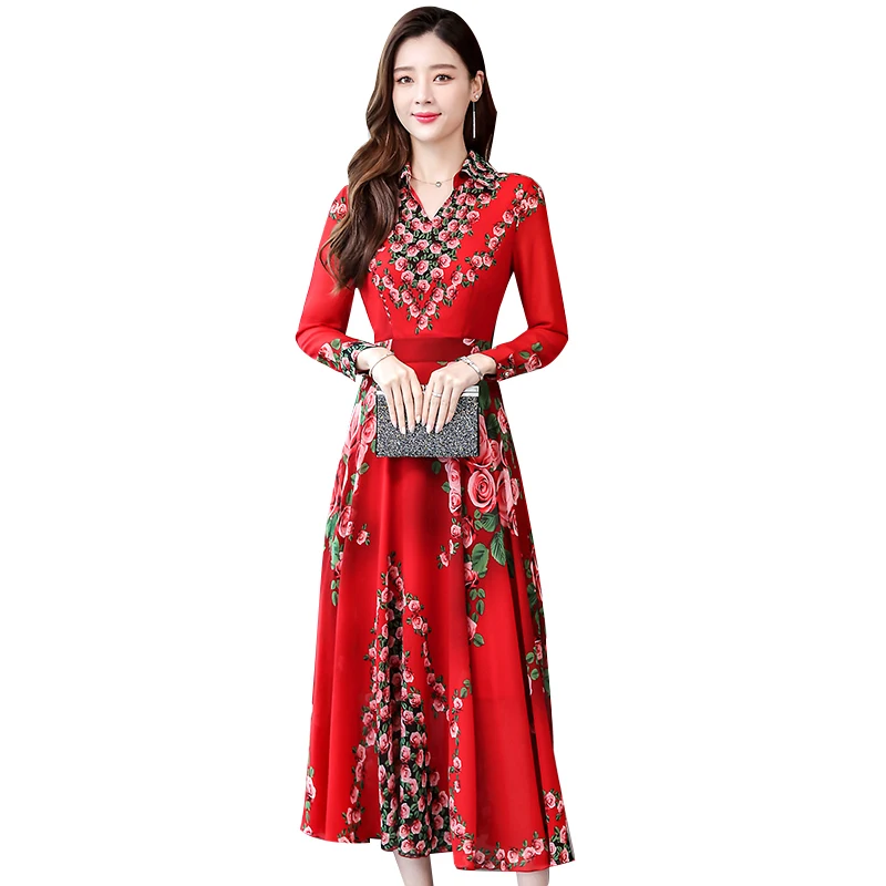 

Retro Boho Chiffon Red Party Dress Women Korea Autumn Winter Sexy Floral Print Pleated Big Swing Dresses Female Vestidos mujer