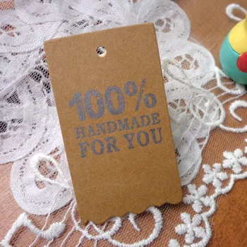 

4x7cm Kraft Hang Tag '100% HANDEMADE FOR YOU' Wavy Edge Party Paper Cards Gift Hang Tag Hemp String Include Sewing Garment Tags